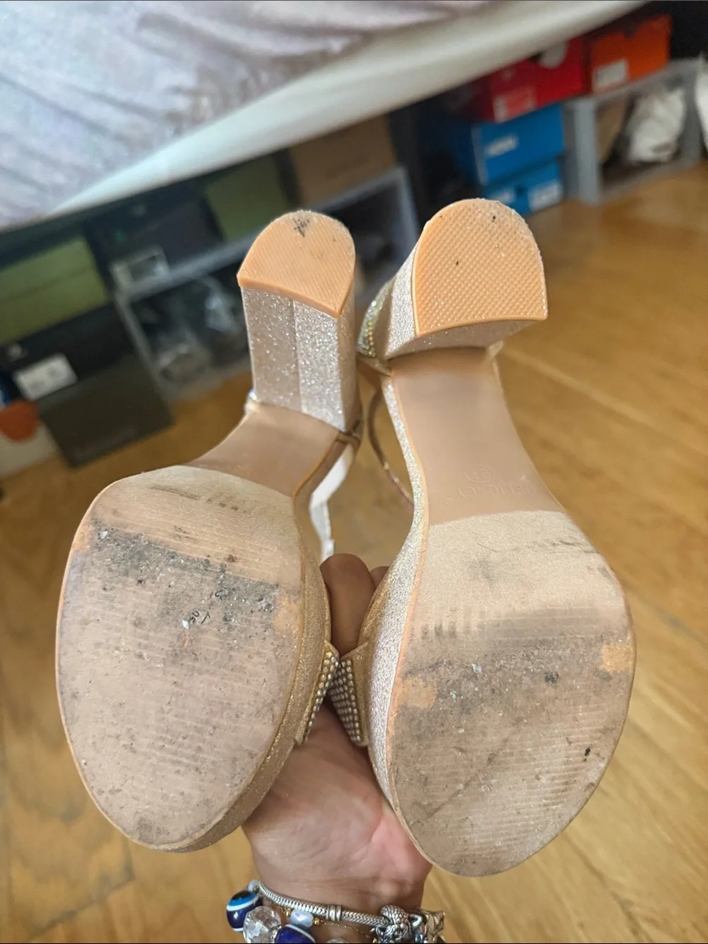 Dollhouse Champagne Glitter Platform Sandals with Crystal Straps